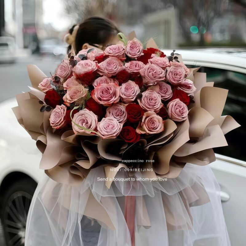 Cappuccino and Red Roses Bouquet - Passionate Floral Gift