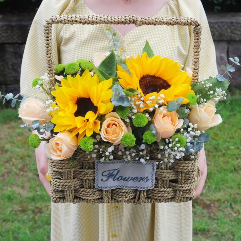 Champagne Roses & Sunflowers Basket | Youthful Days Floral Gift