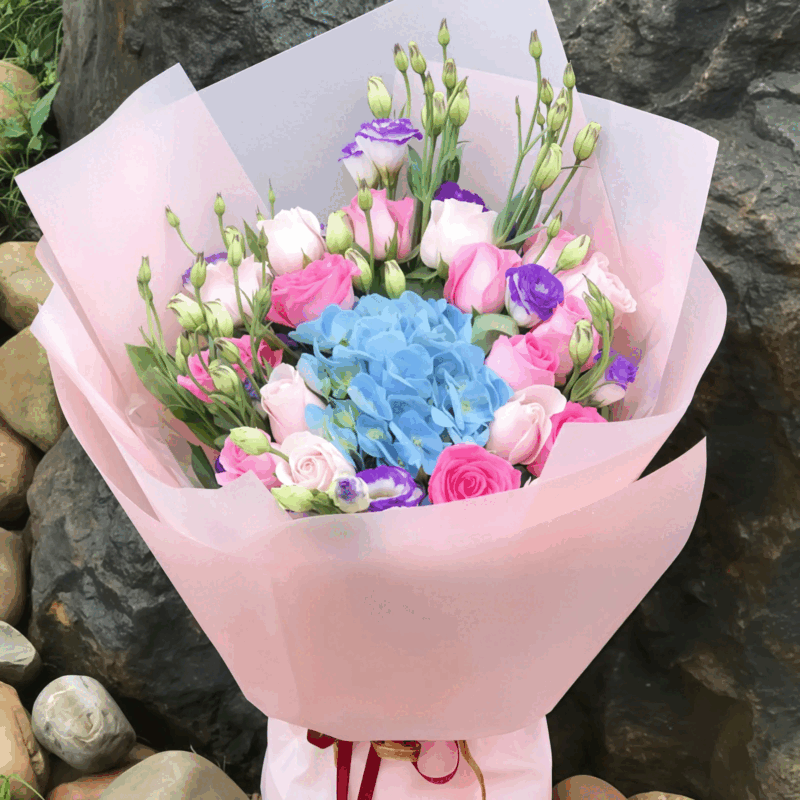 19 Awakening Roses & Blue Hydrangea Bouquet | Floral Harmony - 1