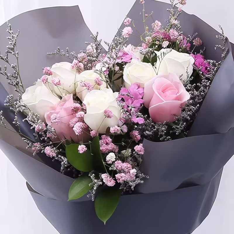 11 Mixed Roses Bouquet - Radiant Goddess | Elegant Pink & White Rose Arrangement - 3