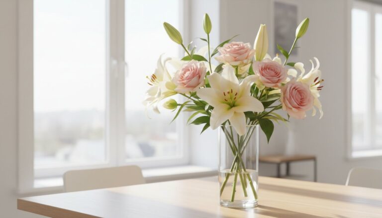 A bright and airy floral arrangement of lilies and seasonal blooms in a modern home.