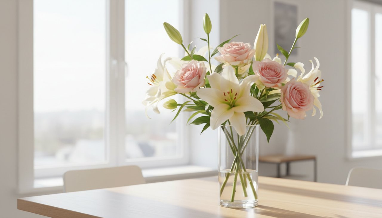 Una composizione floreale luminosa e ariosa di gigli e fiori stagionali in una casa moderna.