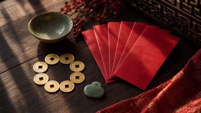 Text-free still life of red envelopes, eight gold coins, and a jade accent representing Chinese numerology