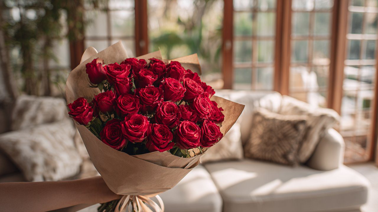 Recipient receiving a stunning bouquet of 520 red roses in a cozy home.
