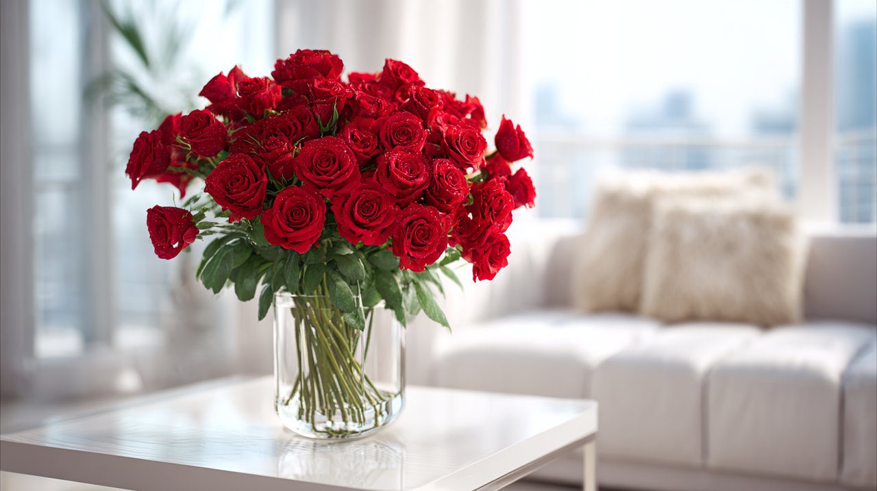 A grand bouquet of red roses in a modern setting.