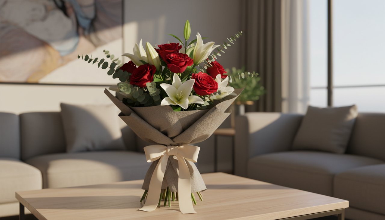 Uno splendido e vibrante bouquet di rose fresche e gigli in una confezione moderna, consegnato da un fiorista locale