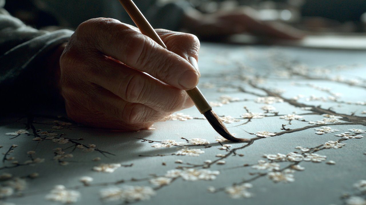 La mano di un artista che dipinge un fiore di pruno con inchiostro tradizionale cinese.