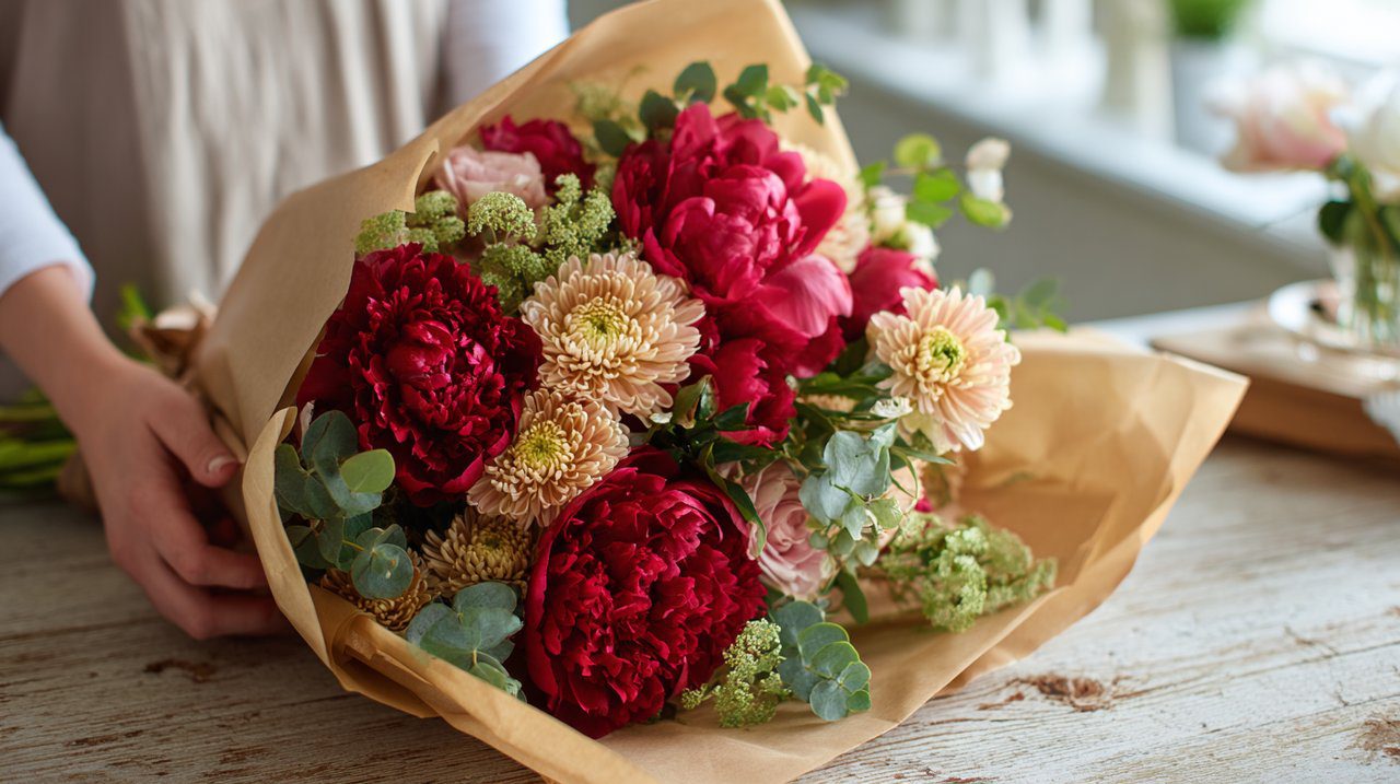 Un bouquet splendidamente presentato di fiori freschi, vivaci rossi e dorati.