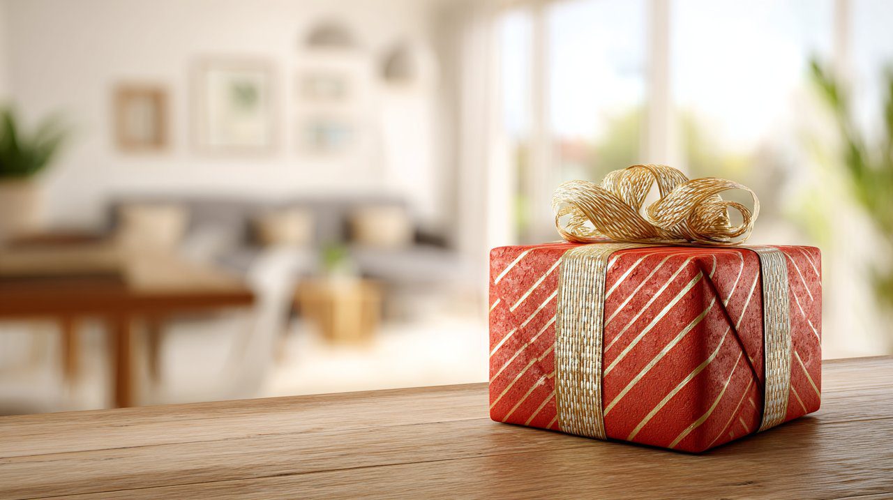A beautifully wrapped gift package in auspicious red and gold colors, in a modern setting.