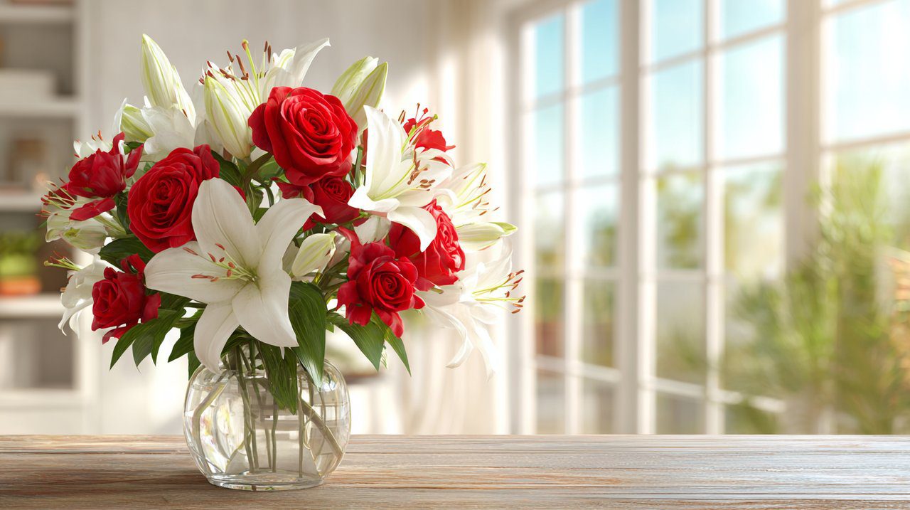 Un bouquet classico di rose e gigli in un contesto moderno, che simboleggia la comunicazione a distanza.