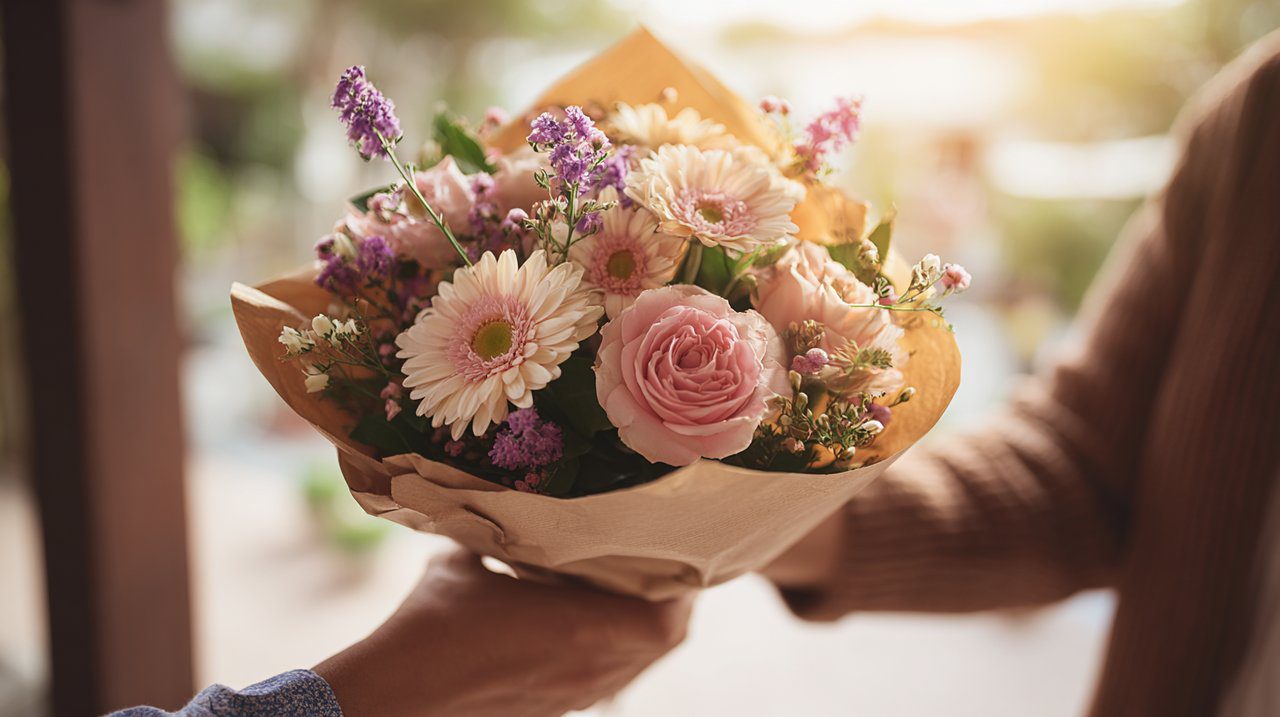 Una scena di un bouquet preparato con cura pronto per la consegna locale in Cina, che rappresenta un premuroso regalo dall'estero.