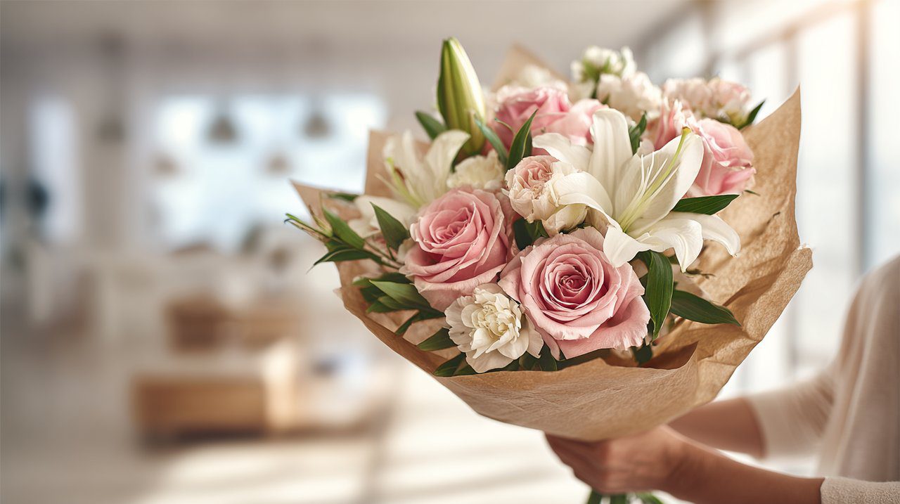 Mani che presentano un bouquet accuratamente arrangiato