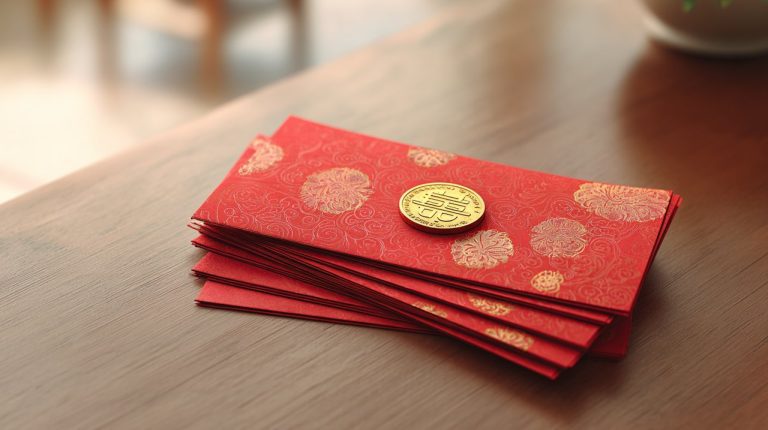 A stack of red envelopes and gold elements symbolizing luck and prosperity.