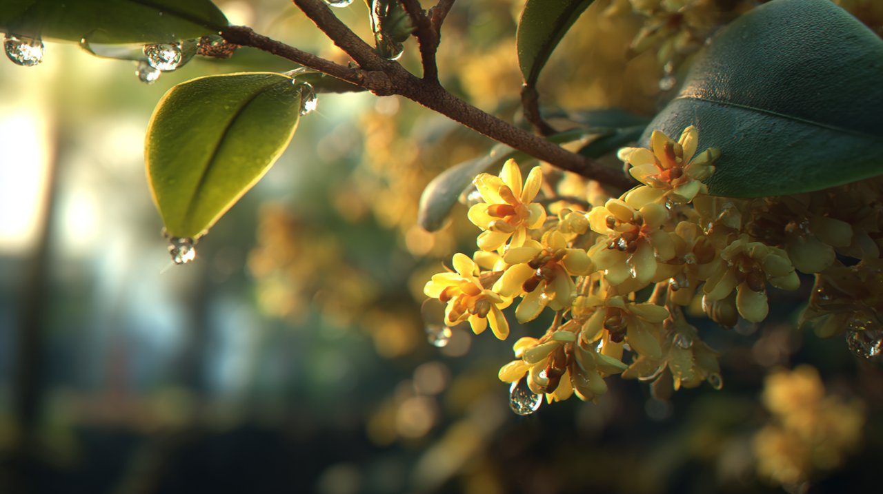 Piccoli fiori gialli di osmanthus nel Villaggio di Manjuelong, Hangzhou.
