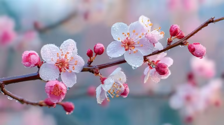 Delicate plum blossoms with dew drops on Gushan, West Lake.