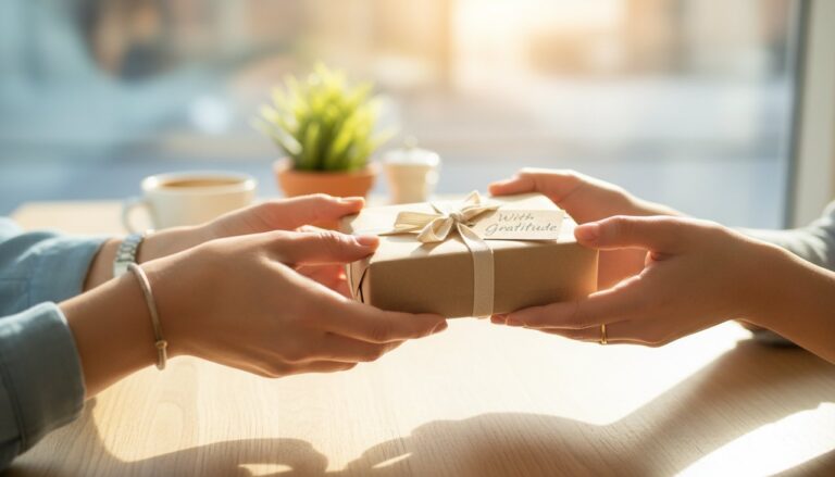 Two hands exchanging a thoughtfully wrapped gift, symbolizing reciprocity.