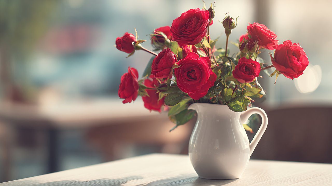 Vibrant red roses in a modern setting, symbolizing love.