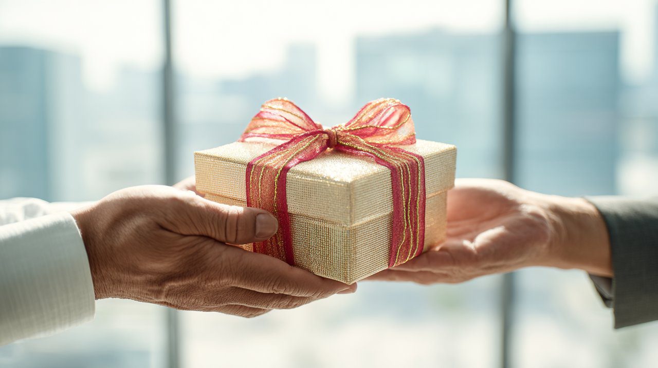 A discreet exchange of a beautifully wrapped gift between two business partners.
