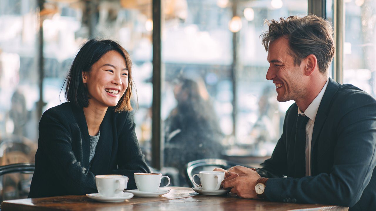 Two business partners having a relaxed, friendly conversation over tea, symbolizing sustained relationship.