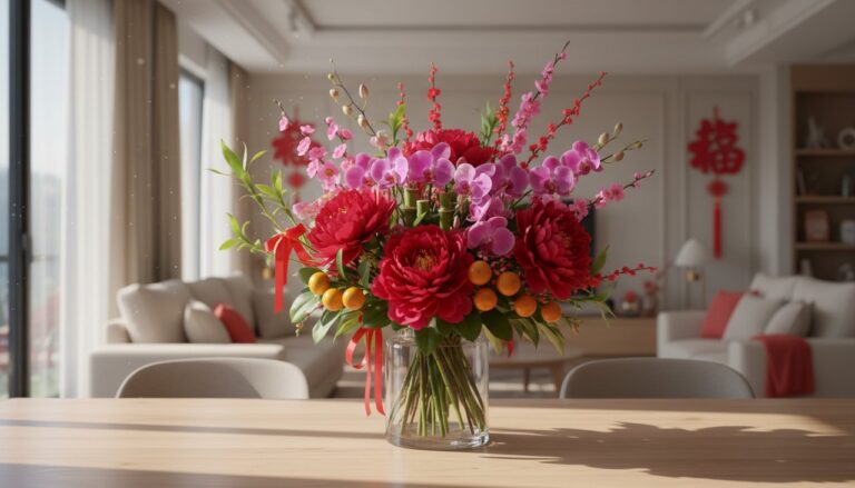 Vibrant Chinese New Year flowers symbolizing connection across distance.
