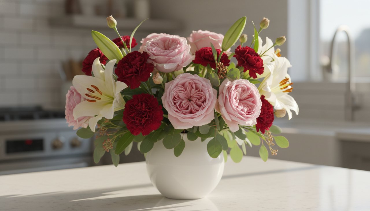 Um buquê vibrante de rosas cor-de-rosa, cravos vermelhos e lírios brancos em um vaso moderno.