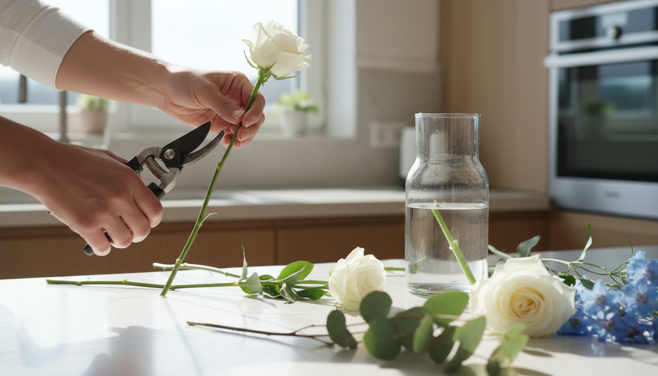 Mani di una persona che usa le forbici per tagliare steli di fiori con un angolo di 45 gradi in una cucina illuminata dal sole.