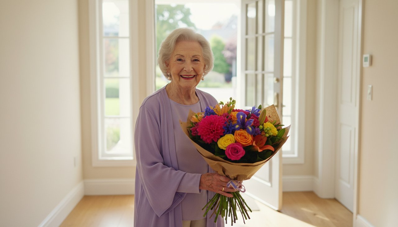 Una donna anziana sorride calorosamente mentre riceve un bouquet colorato sulla porta di casa.