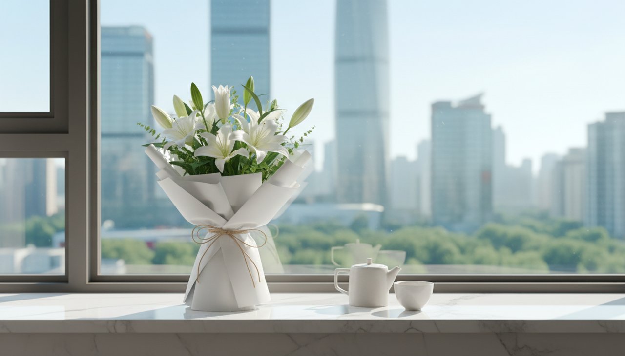 Un bouquet moderno di gigli bianchi e verde stagionale in un luminoso appartamento di Shanghai.