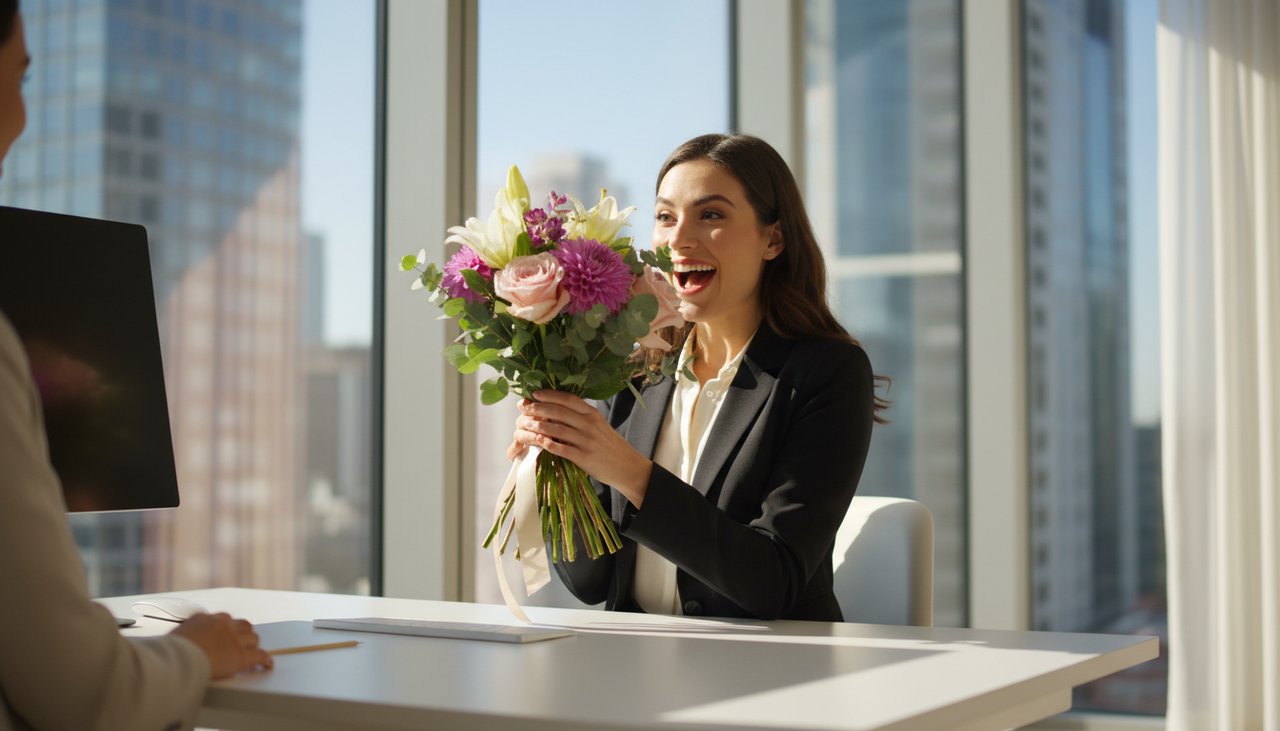 Una giovane donna sorridente mentre riceve un bellissimo bouquet in un ambiente d'ufficio luminoso e moderno.