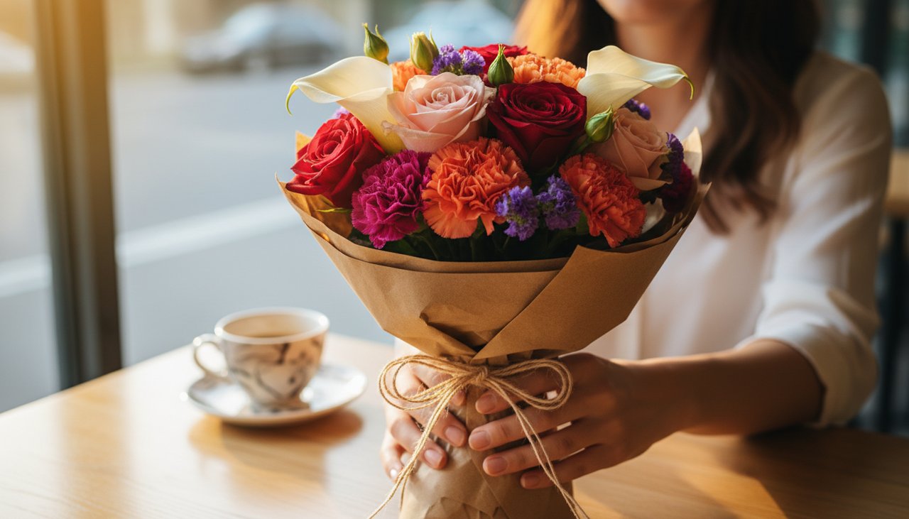 Una destinataria felice che riceve un bouquet fresco e vivace consegnato da un fiorista locale.