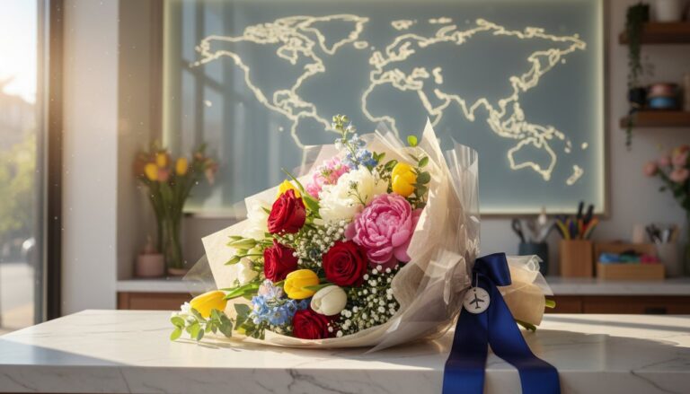 A vibrant flower bouquet prepared for international delivery, hinting at global logistics.