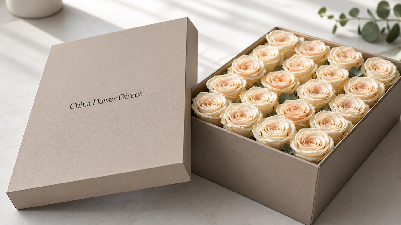 China Flower Direct stampato su una scatola di fiori aziendali premium con rose