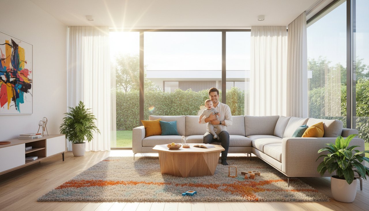 A heartwarming scene of a modern father and child sharing a happy moment in a bright, sun-drenched living room.