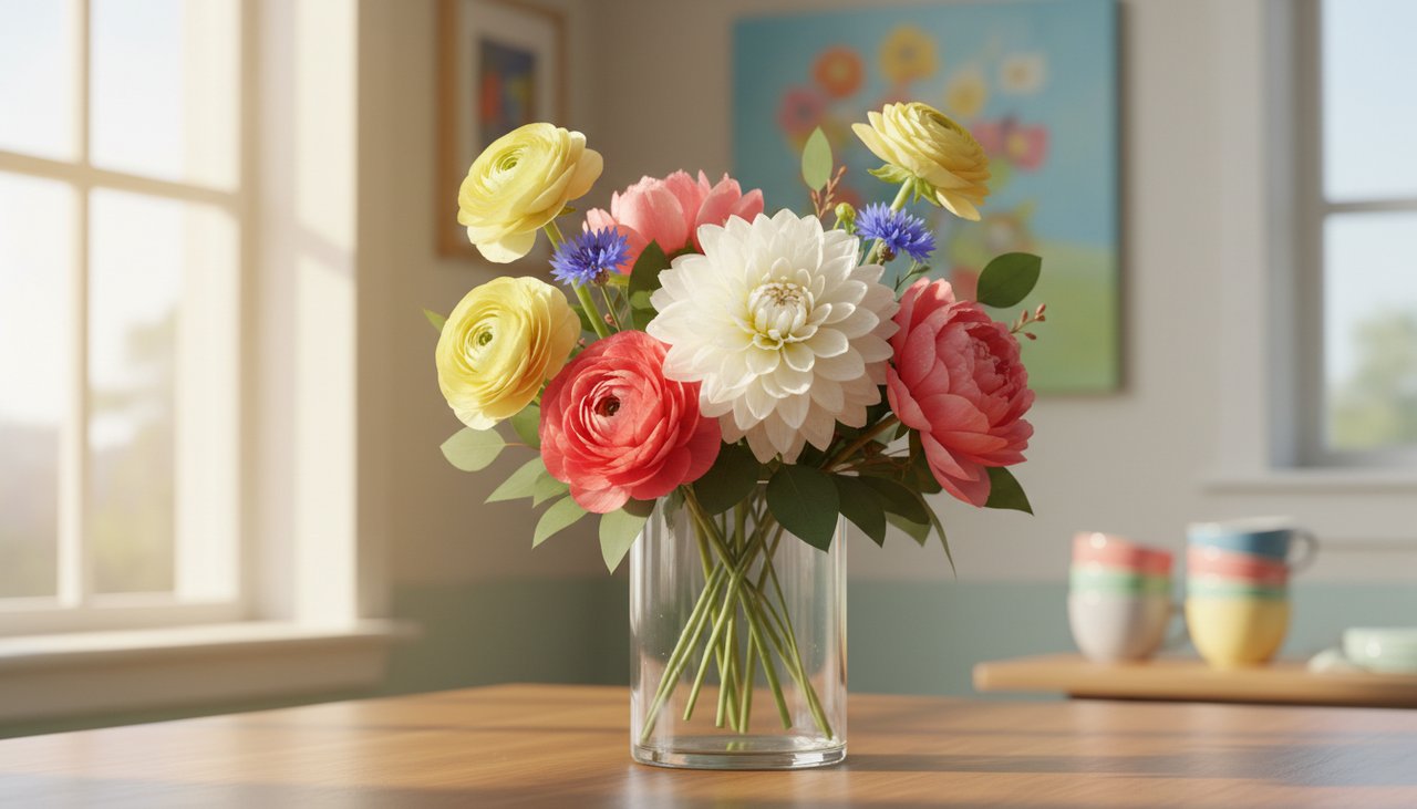 A beautiful bouquet of eight vibrant flowers in a clear glass vase on a sunlit table.