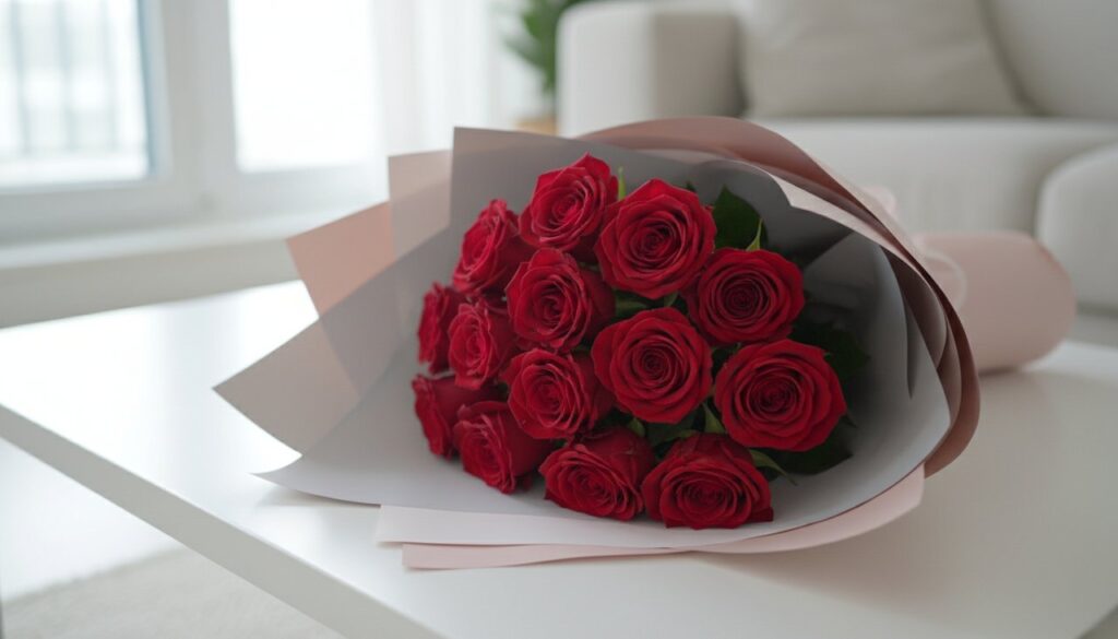 A beautiful hand-tied bouquet of 11 red roses in modern grey wrapping paper