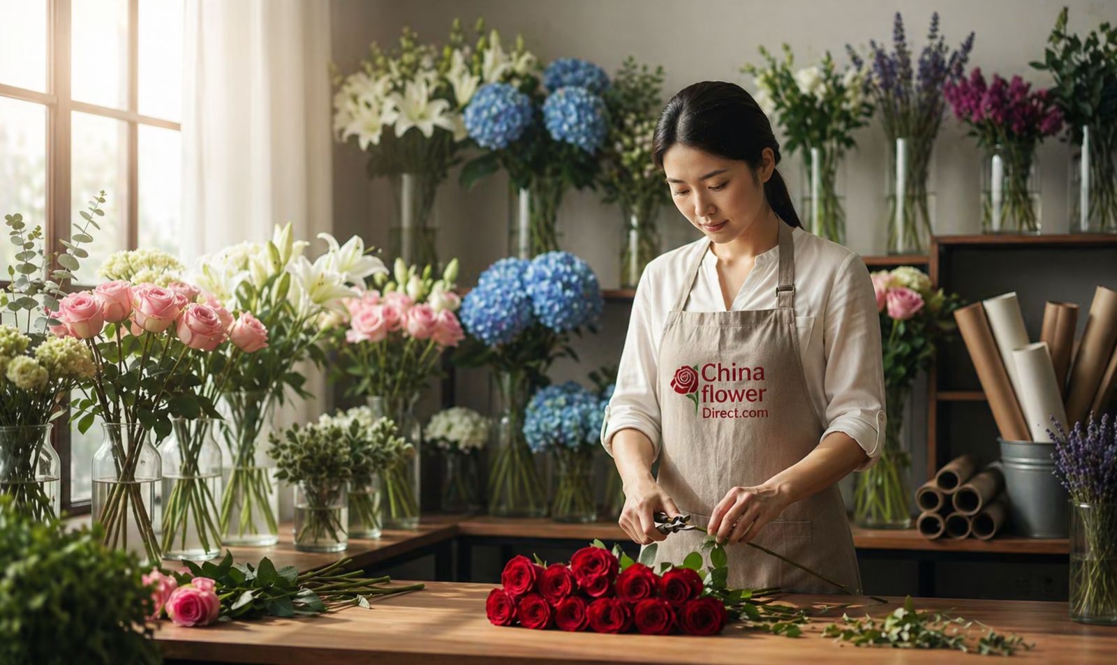 A florist in a bright China flower shop carefully selecting fresh roses for a custom bouquet