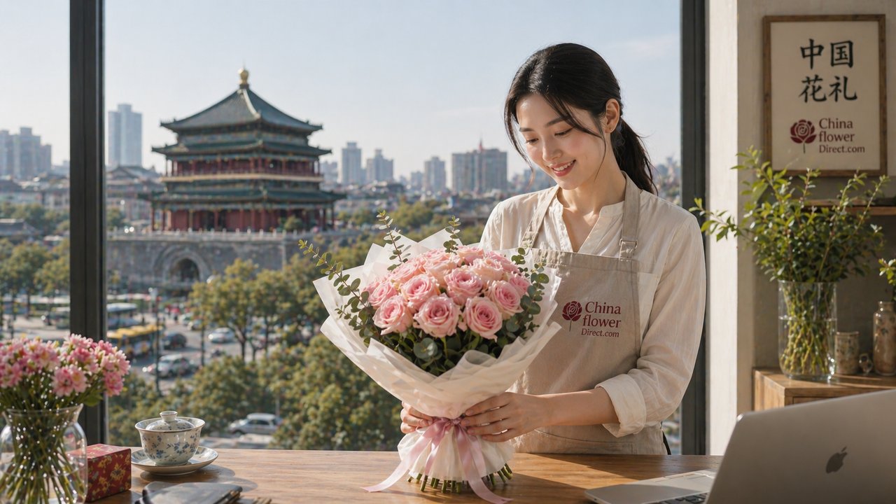 A happy woman receiving a large bouquet of roses at her modern office desk