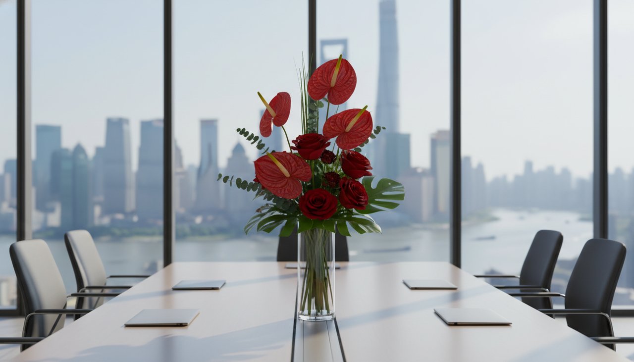 Luxury corporate floral arrangement in a modern Shanghai office boardroom with bright natural light