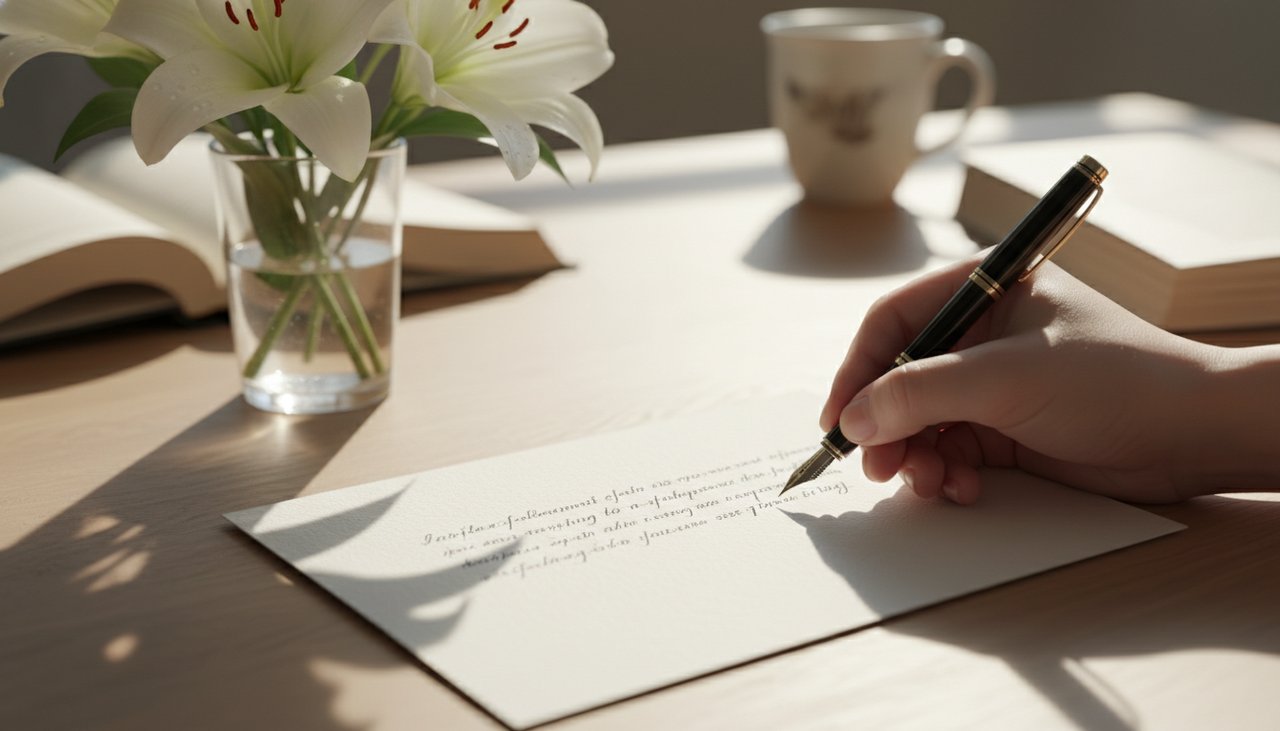 Un biglietto di auguri formale scritto a mano su carta di alta qualità accanto a un bouquet fresco di gigli