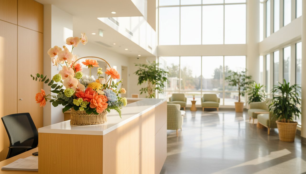 Una reception d'ospedale calda e luminosa con luce naturale e una moderna composizione floreale in un cesto regalo.