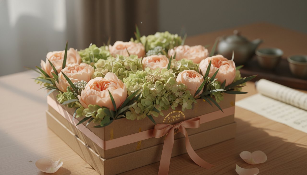 Un'elegante scatola di fiori stile Morandi con tonalità pesca tenui e verde smorzato, presentata in un'elegante scatola regalo.