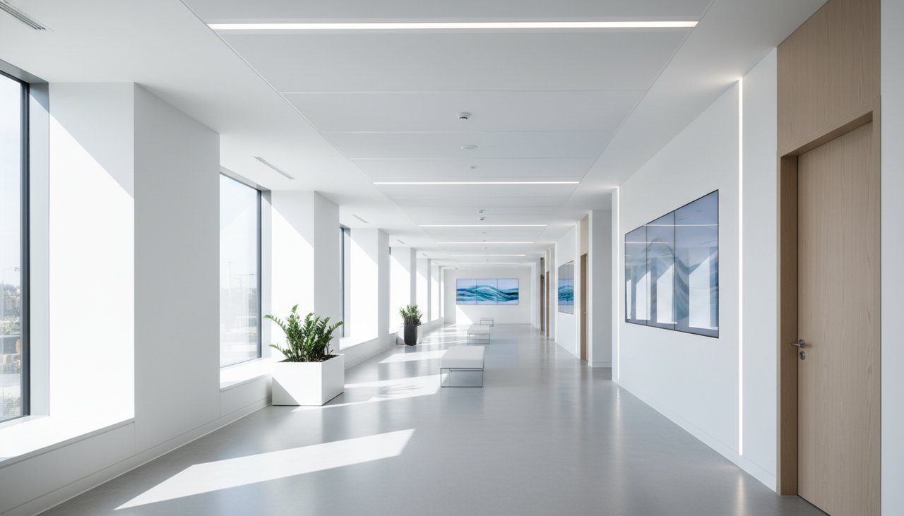 Un corridoio ospedaliero pulito, moderno e sterile con finestre luminose e un'estetica minimalista.