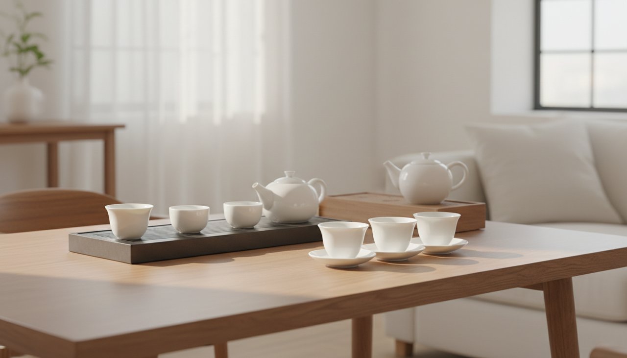 Un elegante servizio da tè in porcellana di Jingdezhen esposto su un moderno tavolo in legno baciato dal sole.