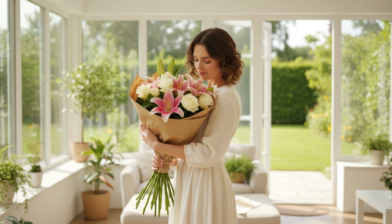 A vibrant bouquet of pink lilies and cream roses in an elegant kraft paper wrapping, held by a person in a bright room.