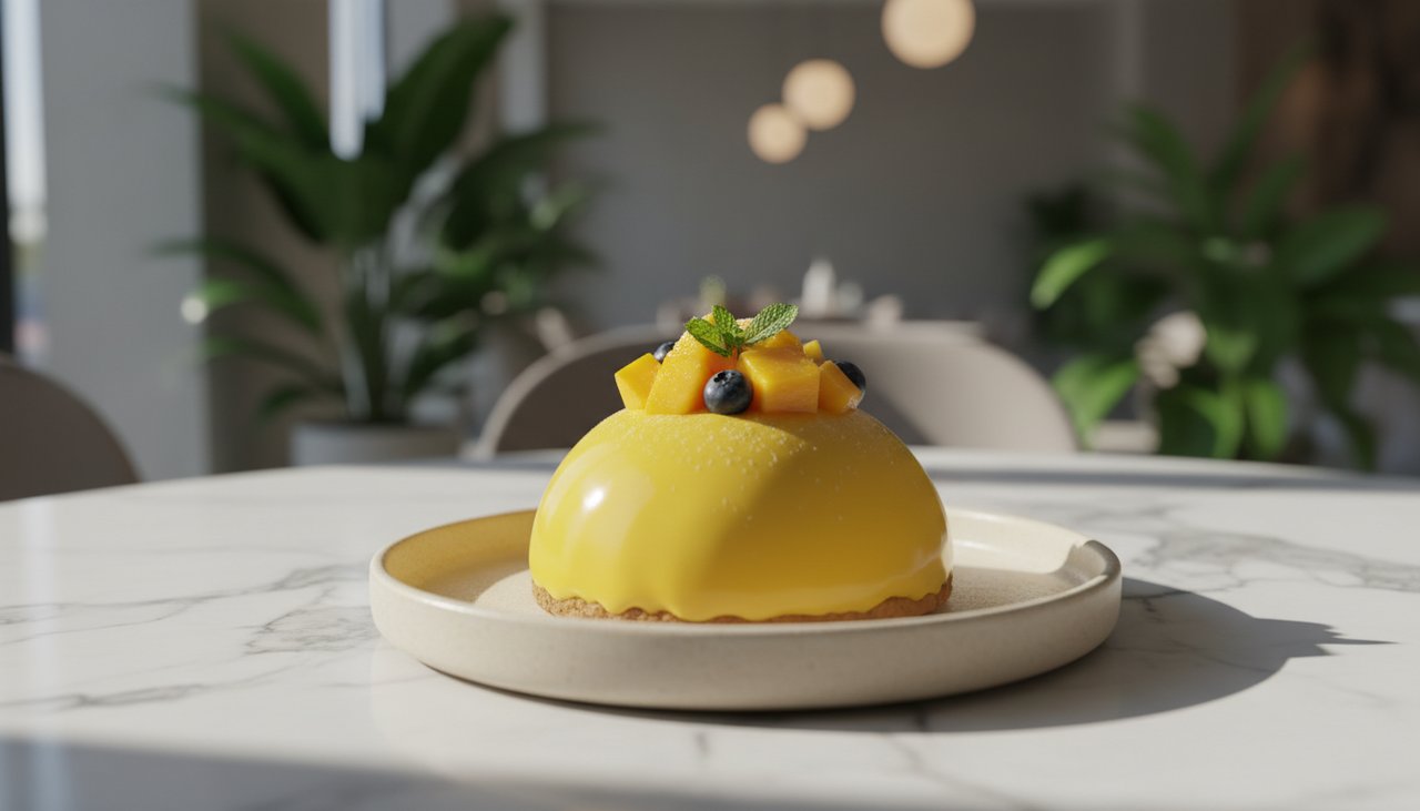 Una bellissima torta mousse con frutta su un piatto di ceramica moderno, posizionata su un tavolo da caffè soleggiato.