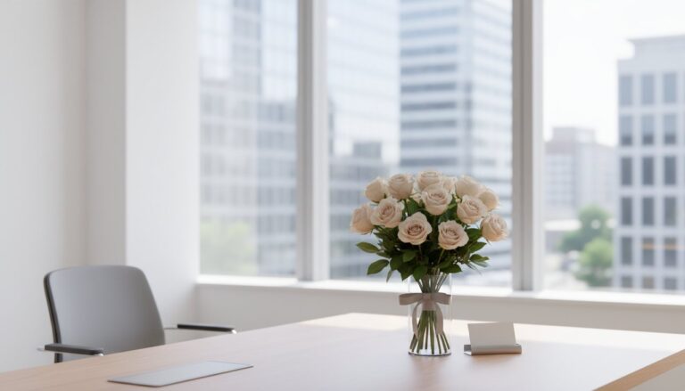A sophisticated bouquet of champagne roses in a modern office setting