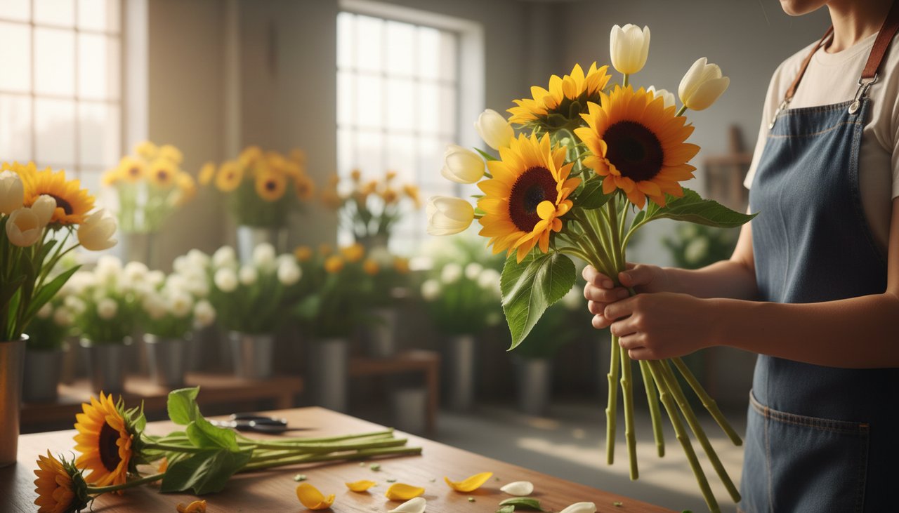Le mani di un fiorista preparano con cura un bouquet fresco di girasoli e tulipani