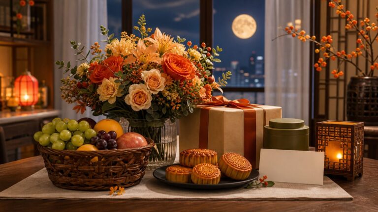 Mid-Autumn gift delivery in China with flowers fruit mooncakes tea and a greeting card