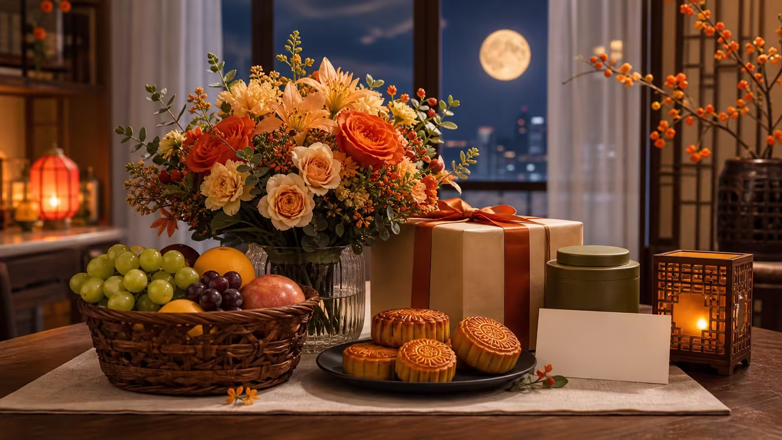 Mid-Autumn gift delivery in China with flowers fruit mooncakes tea and a greeting card