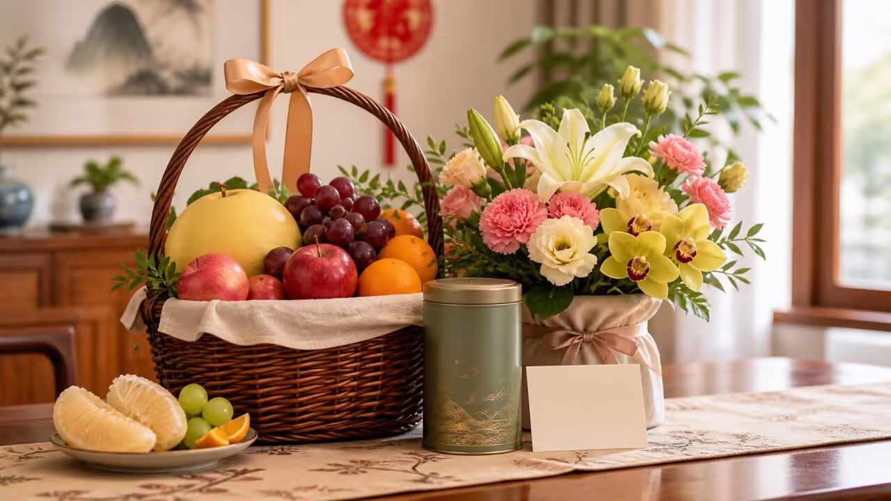 Mid-Autumn gifts for parents and elders in China Mid-Autumn gift basket for parents and elders in China with fruit tea carnations lilies and orchids